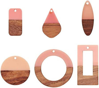 FASHEWELRY 12Pcs Resin & Wood Pendants Two Tone Flat Round/Ring/Rectangle/Horse Eye/Teardrop Dangle Charms for DIY Jewelry Making by FASHEWELRY