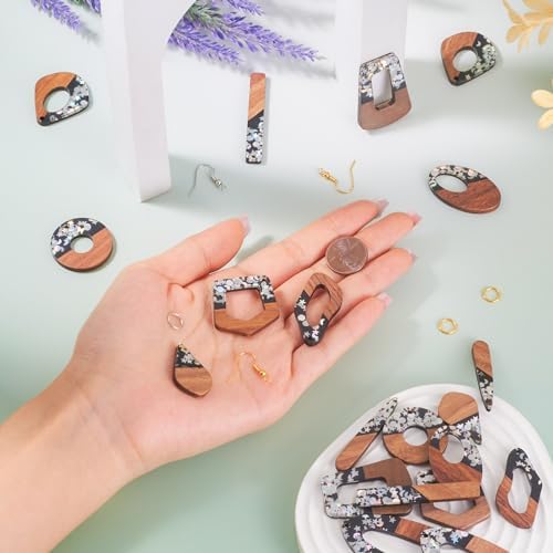 10 Pairs Wood Resin Pendants Vintage Resin Walnut Wood Charms Black Brown Sequins Charms Rectangle Oval Teardrop Wooden Dangle Earring Making Kit with Earring Hooks for Bohemian Jewelry - Image 6