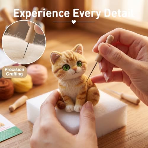 DIY Needle Felting Kit Cute Orange Tabby Cat – Needle Felting Starter Kit with Fiber Roving, Needles, Felting Pad & Instructions | Felted Cat Kit for Beginners Adults | DIY Craft Gift Home Decoration - Image 4