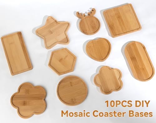 Lanyani 10pcs Wooden Assorted Shapes Mosaic Bases for DIY Mosaic Coaster Kit, with Wooden Surface for Handcrafted Glass Mosaic Tiles Crafts for Adults and Kids - Image 4