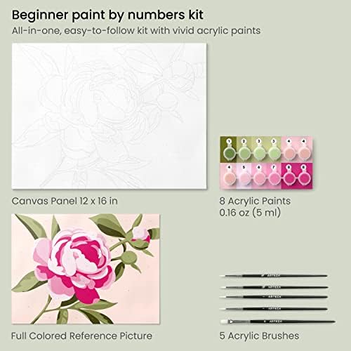 Arteza Paint by Number for Adults, 12x16 Inches, 21 Pieces, Floral Paint by Numbers Kit, Comes with 1 Canvas Panel, 12 Acrylic Paint Pots, 5 Paintbrushes, Art Supplies for Home & Office Wall Decor - Image 3