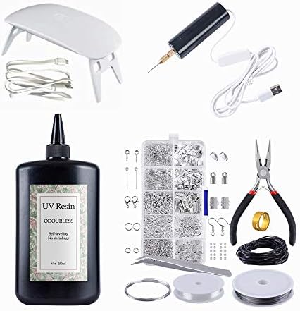 250g UV Resin Clear No Odor, Resin Jewelry Making Starter Kit with UV Lamp + Mini Electric Drill + 900pcs Jewelry Findings Accessories Kit + Tweezers for DIY Resin Crafts Earrings Pendants by VidaRosa