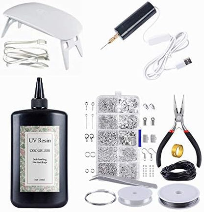 250g UV Resin Clear No Odor, Resin Jewelry Making Starter Kit with UV Lamp + Mini Electric Drill + 900pcs Jewelry Findings Accessories Kit + Tweezers for DIY Resin Crafts Earrings Pendants by VidaRosa