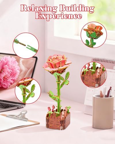 aeloer 3D Wooden Flower Puzzles for Adults - Pink Rose, DIY Model Kit Building Set, Creative Craft for Adults, Unique Botanical Home Office Decor & Relaxing Gift Idea - Image 3