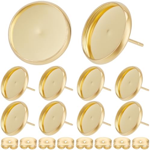 Beebeecraft 1 Box 50Pcs 14mm Stud Earring Kit 18K Gold Plated Stainless Steel Tray Cabochon Earring Settings Bezel Cup Blanks Earring Posts and Back for Jewelry Making Supplies Earring Findings by Beebeecraft