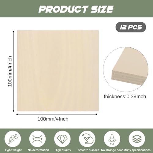 12 Pack Plywood Sheets, 4" x 4"x 0.39" Basswood Sheets - Image 2
