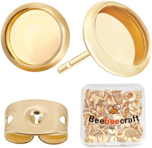 Beebeecraft 1 Box 50Pcs Earring Bezels Trays 18K Gold Plated Blanks Round Cabochon Prong Post Settings Stud Earring Findings with 10mm Tray and 50Pcs Earring Backs for Earring Jewelry Making by Beebeecraft