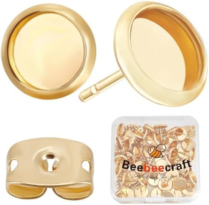 Beebeecraft 1 Box 50Pcs Earring Bezels Trays 18K Gold Plated Blanks Round Cabochon Prong Post Settings Stud Earring Findings with 10mm Tray and 50Pcs Earring Backs for Earring Jewelry Making by Beebeecraft