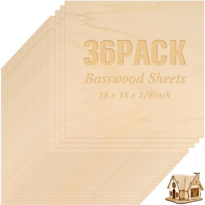 Riakrum Basswood Sheets Plywood Board Unfinished Wood Boards for Crafts for DIY Laser Projects Architectural Mini House Building Hobby Model Making(18 x 18 x 1/8 Inch,36) by Riakrum