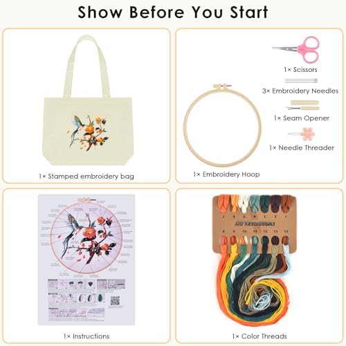 ERKOON Canvas Tote Bag Embroidery Kit for Beginners, Floral Arts Crafts Cross Stitch Kits for Adults Including Stamped Embroidery Bag with Hoops, Needle, Instruction and Color Threads (Hummingbird) - Image 2