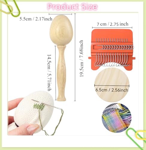 YFXJC Mini Darning Loom, Darning Egg Weaving Tool Set with Small Weaving Loom Kit with 14 Pcs Large Eye Needles 50 Colors Darning Thread for DIY Handicraft Home Sewing Care (Orange-Egg) - Image 2