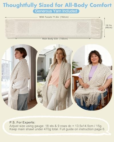 Arborthread Crochet Kit for Beginners, All-Season Pocket Shawl Light Khaki - Image 2