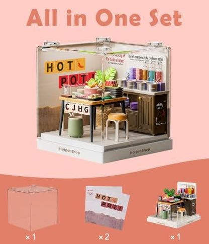 Hotpot Shop Miniature House Kit, Plastic DIY Dollhouse with Hot Pot Table & Sauce Station, Stackable Transparent Dust Cover, Creative Desktop Decor for Adults Teens - Image 4