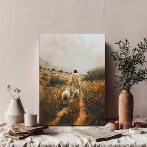 GEMOUJ Paint by Numbers Kit for Adults Beginners,Jesus and Lamb Walking on the Path Cans Paint by Number Kits for Adults,Unframed Painting Art Crafts,Home Wall Decor 16X20 Inch - Image 5
