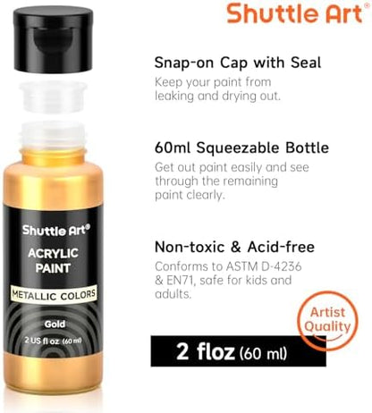 Shuttle Art Metallic Acrylic Paint Set, 20 Colors Metallic Paint in Bottles (60ml, 2oz) with 10 Brushes and 1 Palette, Rich Pigments, Non-Toxic for Artists, Beginners on Rocks Crafts CanvasWood Fabric - Image 4
