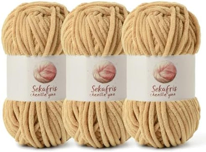 Chenille Blanket Yarn for Crocheting Size 5 Bulky Yarn 3 Khaki by Sekafris