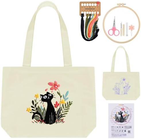 ERKOON Canvas Tote Bag Embroidery Kit for Beginners, Floral Arts Crafts Cross Stitch Kits for Adults Including Stamped Embroidery Bag with Hoops, Needle, Instruction and Color Threads (Cat) by ERKOON