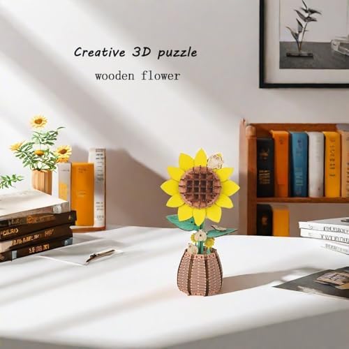 3D Wooden Flower Puzzle Kit for Adults | DIY Botanical Bouquet Building Set with Adjustable Vase | Home Decor & Stress Relief Gift-Sunflower (83PCS) - Image 4