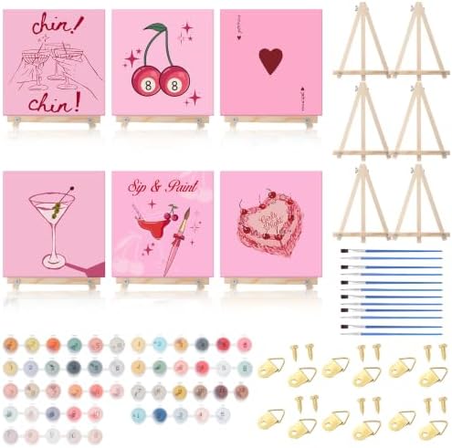 YooNotee 6 Pack Paint by Numbers Kit for Adults Sip and Paint Party 8x8 Inch Canvas with Acrylic Paints Brushes & Easels, Cocktail Wine Cake Floral Themed Painting Set for Girls Night by Unknown
