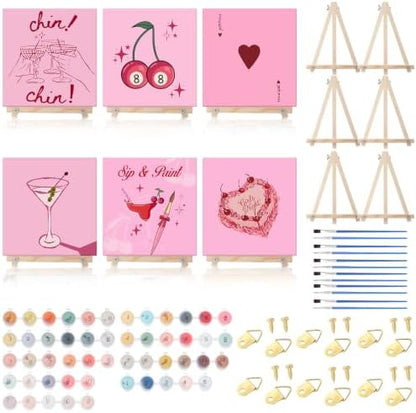 YooNotee 6 Pack Paint by Numbers Kit for Adults Sip and Paint Party 8x8 Inch Canvas with Acrylic Paints Brushes & Easels, Cocktail Wine Cake Floral Themed Painting Set for Girls Night by Unknown