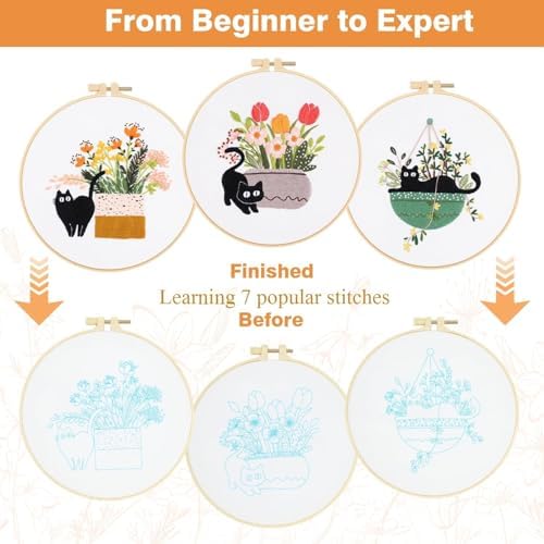 Embroidery Kit for Beginners, Adult Stamped Kits with Cat Floral Patterns - Image 3