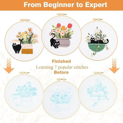 Embroidery Kit for Beginners, Adult Stamped Kits with Cat Floral Patterns - Image 3