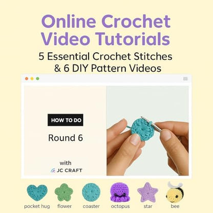 JC CRAFT Beginner Crochet Kit – 81 Piece Starter Set with 15 Colorful Yarns, Ergonomic Hooks, Complete Supplies, White Tote Bag, Accessories Case, Guide Book & Online Video Lessons - Image 5