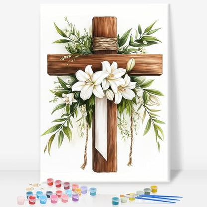 GEEHEIY Framed Paint by Numbers Kit for Adults, Cross Lilies, 8 x 12 Inch by GEEHEIY