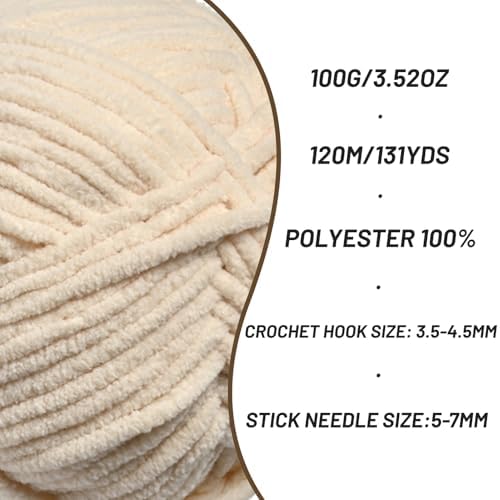 Plush Chenille Chunky Crochet Yarn - Baby Yarn for Crocheting Soft - Velvet Yarns Knitting for Blankets Crafts - Fluffy Amigurumi Yarns 100g / 131yd (Beige) - Image 2