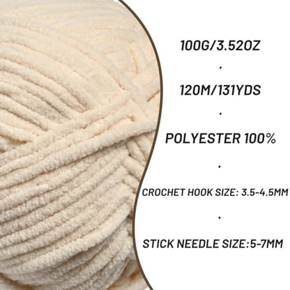Plush Chenille Chunky Crochet Yarn - Baby Yarn for Crocheting Soft - Velvet Yarns Knitting for Blankets Crafts - Fluffy Amigurumi Yarns 100g / 131yd (Beige) - Image 2