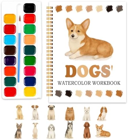 Easy Dog Watercolor Workbook for Beginners, Water Coloring Book, 18 Colors Watercolors Paint Set, 12 Patterns Watercolor Kit, Relaxing DIY Gift for Dog Lovers, Adults and Women Teen by SHLINCO