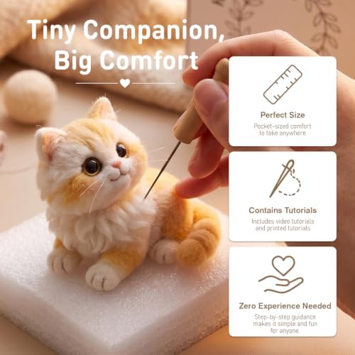 DIY Needle Felting Kit Cute Fluffy Napoleon Munchkin Cat – Needle Felting Starter Kit with Fiber Roving, Needles, Felting Pad & Instructions | Felted Cat Kit for Beginners Adults | DIY Craft Gift - Image 5