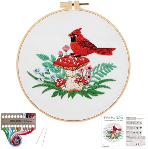 Louise Maelys Cardinal Mushroom Embroidery Kit for Beginners DIY Craft by LouiseMaelys