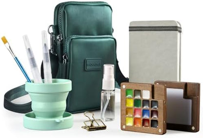 Mini Watercolor Paint Set, Travel Painting Kit with Walnut Wood Palette 15-Color, Crossbody Bag, Watercolor Journal, Metal Clip, Water Cup, Water Brush, for Artists, Beginners & Adults, Green by Osctor