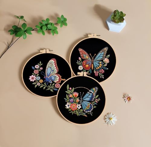 Konrisa Flower Butterfly Embroidery Kits for Adults, Stamped Embroidery Starter Kit with Hoop,DIY Sewing Needlepoint Cross Stitch Kit, Set of 3 - Image 3