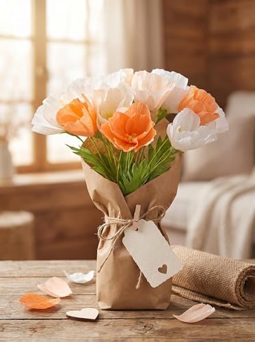 Mybbshower Crepe Paper Flower DIY Making Kit, Icelandic Poppy, Assorted Colors Peach White Orange 24 Count - Image 4