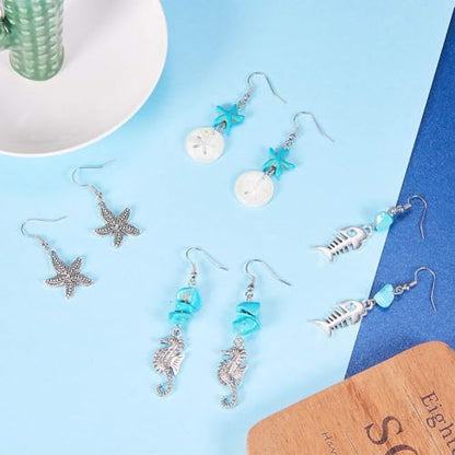 SUNNYCLUE 1 Box DIY 10 Pair Starfish Seahorse Shell Turquoise Earring Making Kit Jewelry Making Supplies Beading Starter Kits for Beginner Adults, Fish Hook, Ocean Beach Theme, Instruction - Image 6