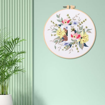 IUHUI Embroidery Kit for Beginners Adults - 26 Floral Letters Easy Patterns, DIY Hand Stitching Embroidery Set with Hoop (Flower and Grass Letter T) - Image 2