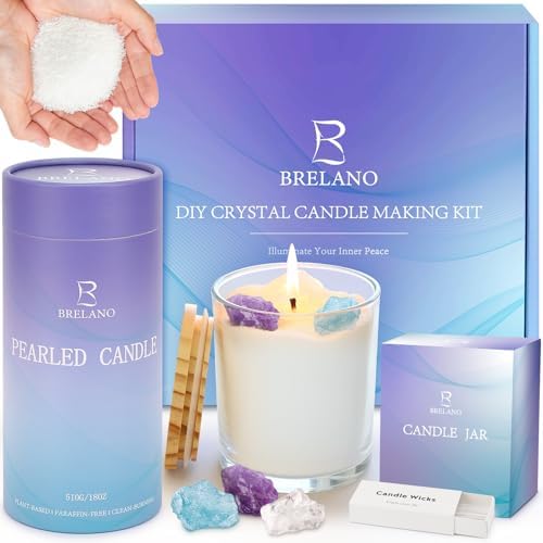 BRELANO Crystal Candle Making Kit – No-Melt Candle Sand, 18 oz Pearled Wax, 30 Cotton Wicks, 3 Natural Crystals & Refillable Glass Jar – DIY Candle Gift Set for Women & Home Decor by BRELANO