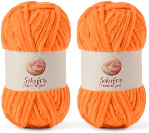 Chenille Blanket Yarn for Crocheting Size 5 Bulky Yarn, 2 Orange by Sekafris