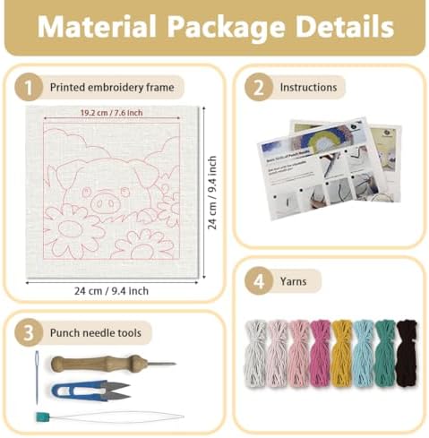 DOODLREAM Flowers Pig Punch Needle Kit for Beginner 9.4"x 9.4" - Image 2