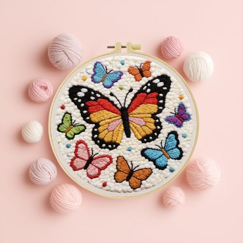 JOZYSH Punch Needle Embroidery Starter Kits for Beginners Cute Snow-White cat Curled up Comfortably on a Branch Adorned Hoops,Color Threads,Instructions and Needles,DIY Adults Embroidery (Butterfly) by Unknown