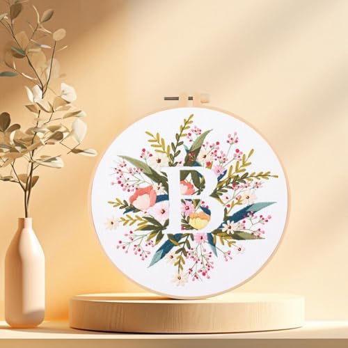 IUHUI Embroidery Kit for Beginners Adults - 26 Floral Letters Easy Patterns, DIY Hand Stitching Embroidery Set with Hoop (Flower and Grass Letter B) - Image 3