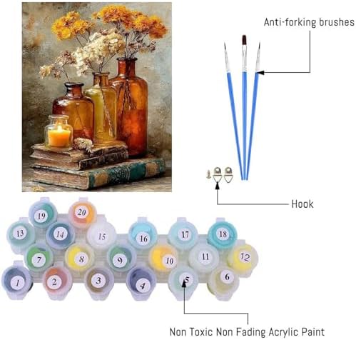 pchmcu Vintage Flower Book Paint by Number for Adults,Flowers in Vase Painting by Numbers,DIY Acrylic for Beginners Unframed,Easy Paint by Numbers Adults on Canvas for Decor 16x20inch - Image 4