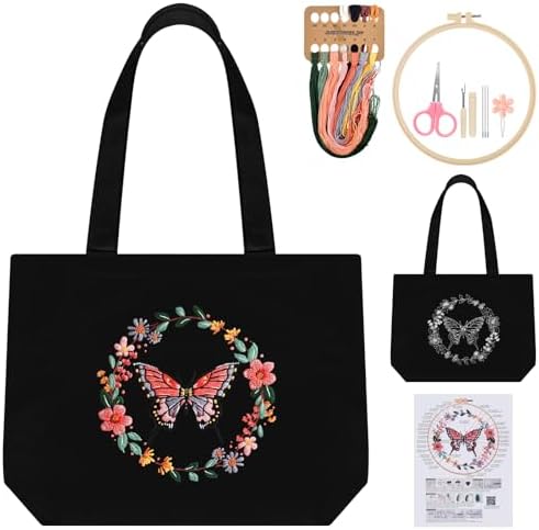 ERKOON Embroidery Canvas Tote Bag for Beginners, Floral Arts Crafts Cross Stitch Kits for Adults Including Stamped Embroidery Bag with Hoops, Needle, Instruction and Color Threads (Butterfly) by ERKOON