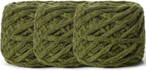 3 Pack Plush Chenille Chunky Yarn 100g (49.2yd) - Fluffy Velvet Yarn Crochet for Blanket Knitting and Crocheting - Baby Yarns for Crocheting Soft - Amigurumi Yarns (Army Green) by OMoiut
