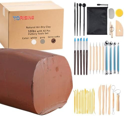 Air Dry Clay 10 LBs with 42 Pcs Set Pottery Clay Tools Set for Hand Modeling and Throwing, Non-Toxic (Terra Cotta & Kit) by Torising