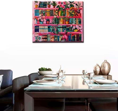 Bookshelf Book Theme Paint by Numbers Kits for Adult Beginners Pink Boho Paint by Numbers Kits Painting Kits on Canvas Pigment for Home Wall Decor Without Framed 16''W x 20''H - Image 2