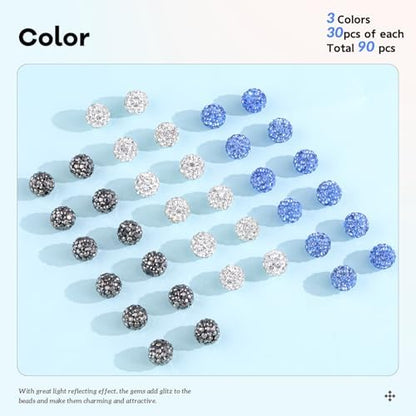 90pcs 10mm Rhinestone Beads for Jewelry Making, Hematite+White+Light Blue Shiny Round Shamballa Disco Beads, Sparkle Crystal Clay Christmas for Bracelet Baseball Necklace Earring and DIY - Image 2
