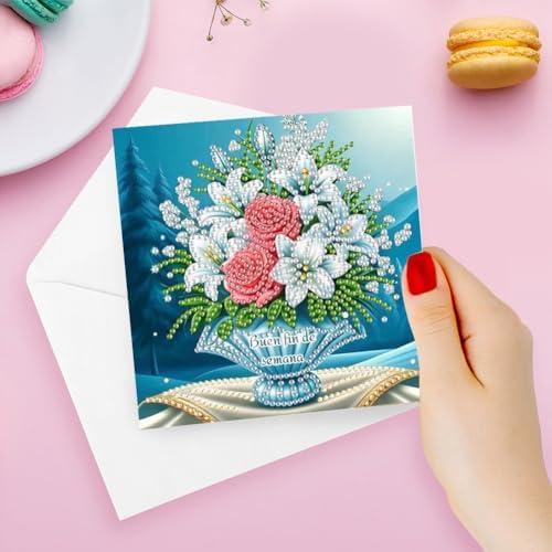 6 Pcs Diamond Painting Greeting Cards Kit Rose Lily Daisy Flowers with Envelopes, 5D DIY Special Shaped Rhinestone Art Card Making Kits for Adults, Holiday Blessing Postcards, Creative Craft Gifts - Image 6